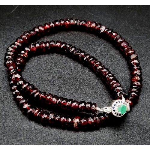 480 - 200ct Faceted Garnet Gemstone Single Strand necklace with an Emerald Clasp in 925 Silver. 42cm.