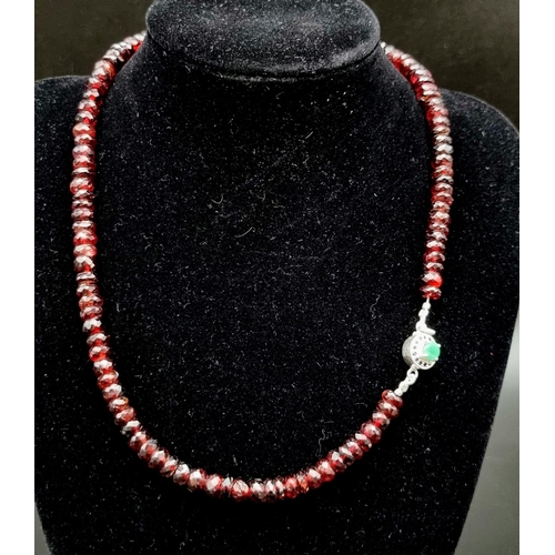 480 - 200ct Faceted Garnet Gemstone Single Strand necklace with an Emerald Clasp in 925 Silver. 42cm.