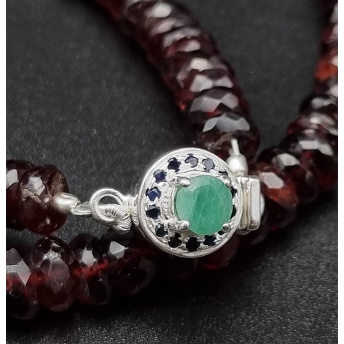 480 - 200ct Faceted Garnet Gemstone Single Strand necklace with an Emerald Clasp in 925 Silver. 42cm.