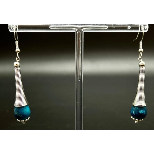 991 - A Pair of 925 Sterling Silver Blue Agate Spiral Drop Earrings. 4cm drop.