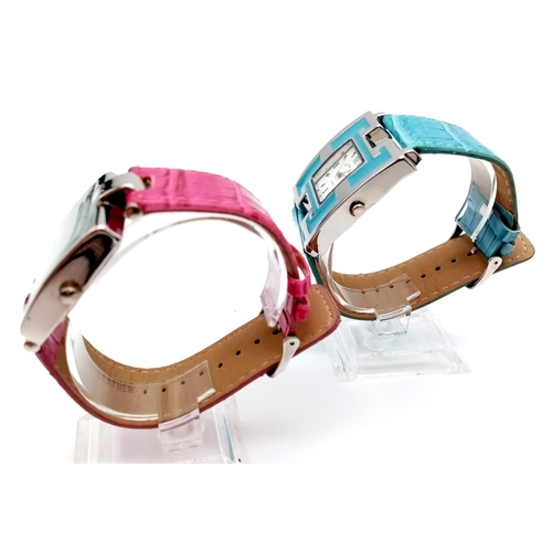 996 - Two Eve Mon Crois Stylish Ladies Quartz Watches. Pink and a blue leather strap. Square cases. Both, ... 