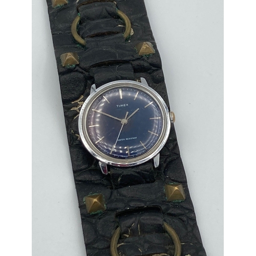 306 - Gentlemans vintage 1960’s TIMEX wristwatch,Black face model with vintage ‘60’s wide studded leather ... 