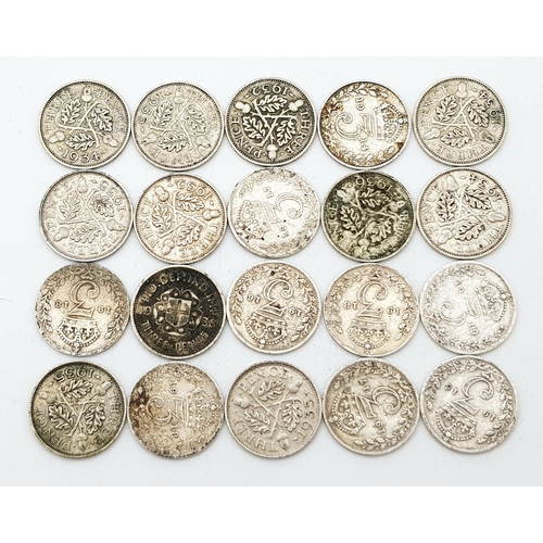 893 - 10 x Threepence Silver Pieces. Please see photos for finer details and conditions.