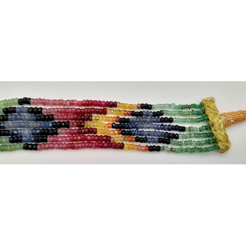 616 - 380ct Ruby, Emerald and Sapphire Seven Row Gemstone Necklace, Excellent Cut and Lustre. 42-46cm