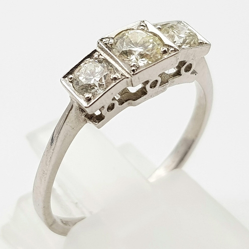 68 - A 950 Platinum Victorian-Style Three Stone Diamond Ring. 0.75ct. Size O. 3.31g total weight. Comes w... 