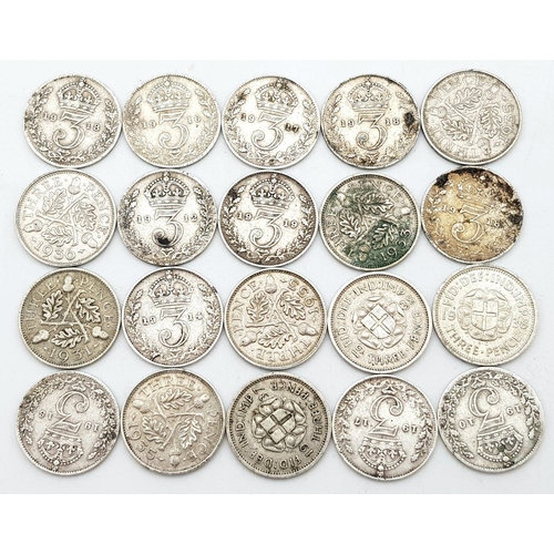 724 - 20 x Threepence Silver Pieces. Please see photos for finer details and conditions.