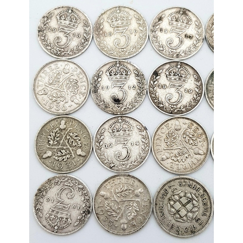 724 - 20 x Threepence Silver Pieces. Please see photos for finer details and conditions.