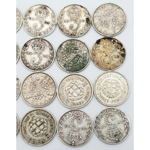 724 - 20 x Threepence Silver Pieces. Please see photos for finer details and conditions.