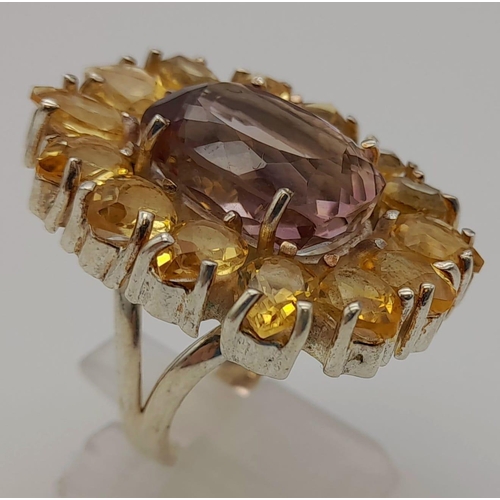 730 - An Ametrine and Citrine Gemstone Cocktail Ring in 925 Silver. Size P. 17.79g total weight.