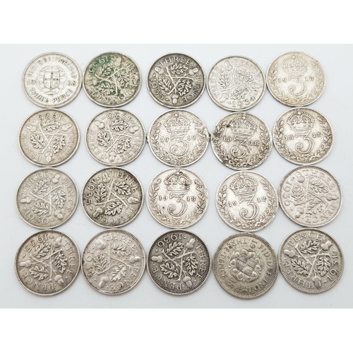 783 - 20 x Threepence Silver Pieces. Please see photos for finer details and conditions.