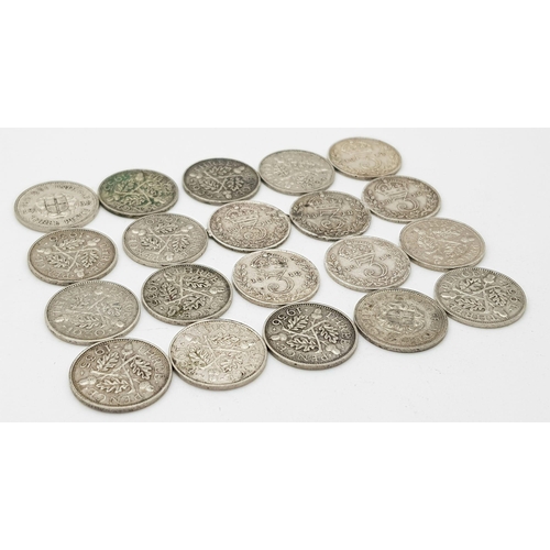 783 - 20 x Threepence Silver Pieces. Please see photos for finer details and conditions.