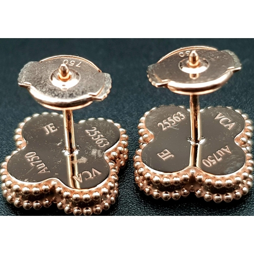 96 - A Pair of Van Cleef and Arpels 18K Rose Gold and Cornelian Alhambra Earrings. Light and delicate, th... 