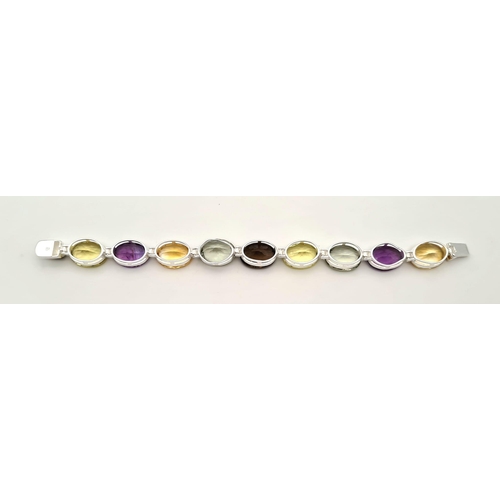 288 - A Citrine, Green Amethyst and Purple Amethyst Gemstone Bracelet with 925 Silver Clasp. 30g total wei... 