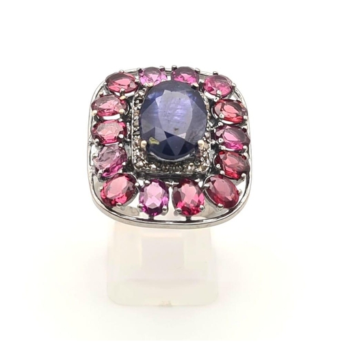 303 - A 5.75ct Blue Sapphire Ring with 5.30ct Rhodolite Gemstones set in 925 Silver. Size N. 11.26g total ... 