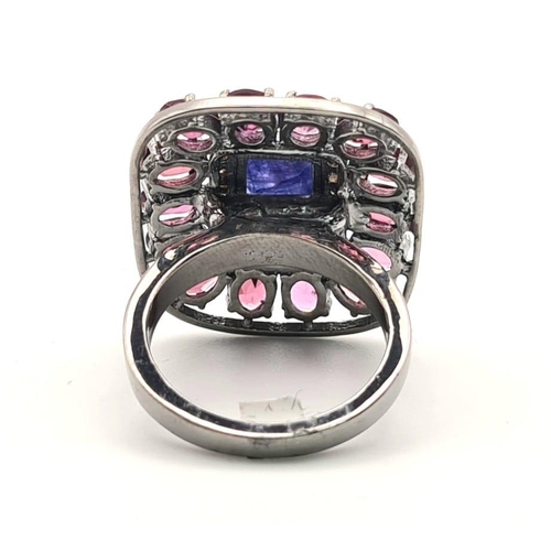 303 - A 5.75ct Blue Sapphire Ring with 5.30ct Rhodolite Gemstones set in 925 Silver. Size N. 11.26g total ... 