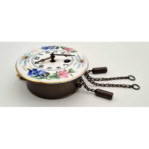 470 - An Antique Miniature Keinzle Porcelain Pendulum Wall Clock. 6cm diameter. In original box. In good c... 