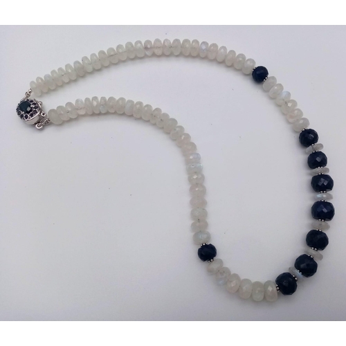 484 - A 310ct Moonstone Single Strand Necklace with Blue Sapphire Beads, Sapphire Clasp, 925 Silver, 8mm-1... 