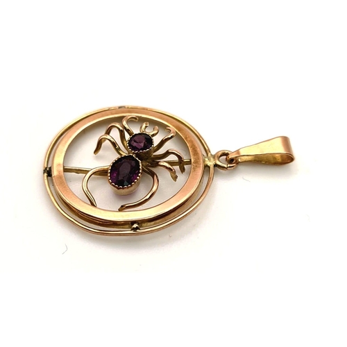 590 - An Antique Victorian 9K Yellow Gold Amethyst Spider Pendant. Two beautiful small clean amethysts. 20... 