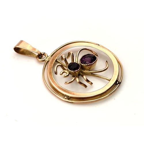 590 - An Antique Victorian 9K Yellow Gold Amethyst Spider Pendant. Two beautiful small clean amethysts. 20... 