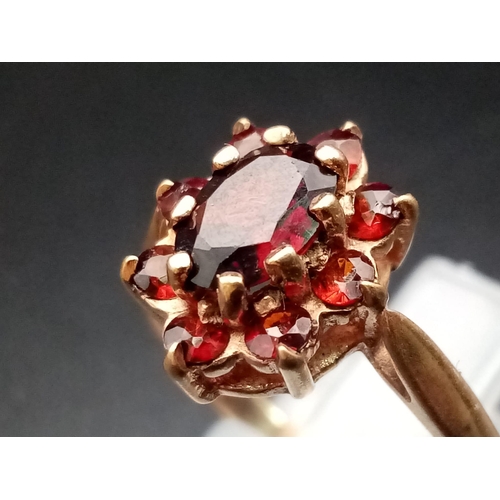 669 - A Vintage 9K Yellow Gold Garnet Ring. Central garnet oval stone surrounded by a halo of smaller garn... 