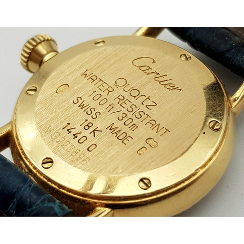 726 - A Cartier 18K Gold and Diamond Ladies Watch. Leather strap with gold clasp. Gold and diamond case - ... 