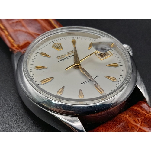 211 - A Rolex Oysterdate Precision Gents Watch. Brown leather strap. Stainless steel case - 34mm. Cream di... 