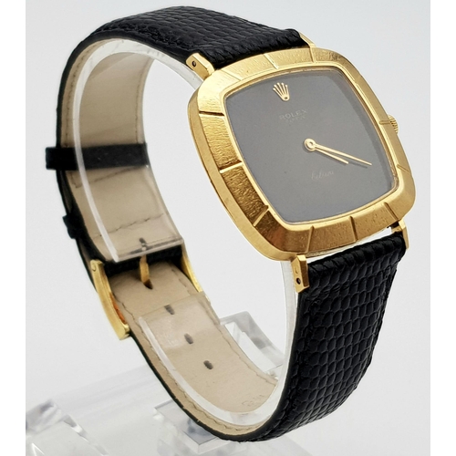 371 - A Vintage Rolex Cellini 18K Gold Gents Watch. Black leather strap. 18k gold square case - 30 x 30mm.... 