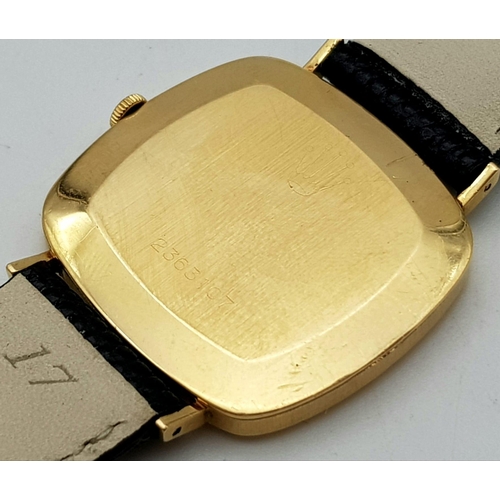 371 - A Vintage Rolex Cellini 18K Gold Gents Watch. Black leather strap. 18k gold square case - 30 x 30mm.... 