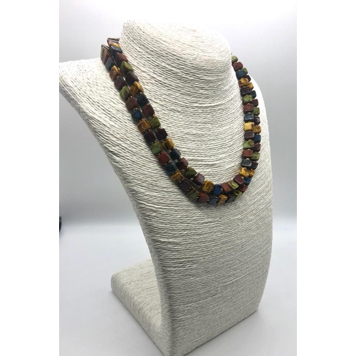 402 - A Vintage Multicolour Agate Triangular Bead Two-Row Necklace. 40- 44cm.