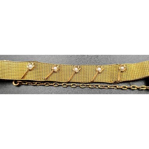 648 - An Antique Early Victorian Seed Pearl on Yellow Metal Mesh Bracelet. Five natural seed pearls in a f... 