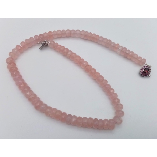 745 - 300ct Rose Quartz Gemstone Single Strand with Garnet Clasp in 925 Silver, Beads 8mm-9mm. 44cm.