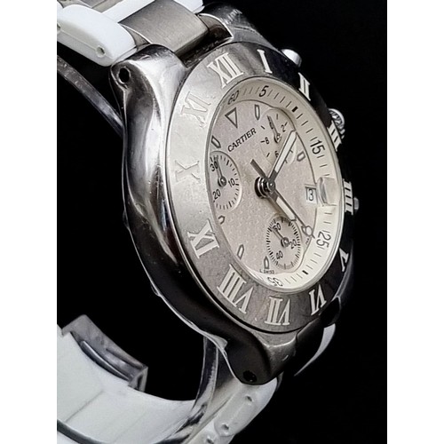 445 - A Cartier Chronoscaph Stainless Steel and White Rubber Gents Watch. Stainless steel case - 38mm. Whi... 