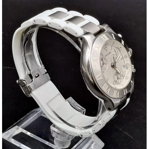 445 - A Cartier Chronoscaph Stainless Steel and White Rubber Gents Watch. Stainless steel case - 38mm. Whi... 