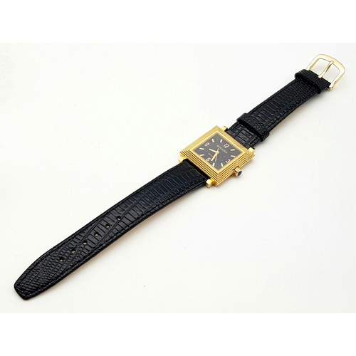 358 - A Boucheron 18K Gold Gents Watch. Black leather strap. 18k gold square case - 30 x 30mm. Black dial.... 