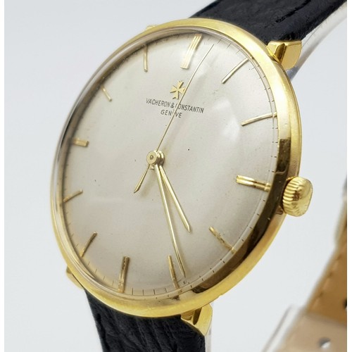 628 - A Vintage 18K Gold Vacheron and Constantin Gents Watch. Black leather strap. 18k gold case - 35mm. W... 