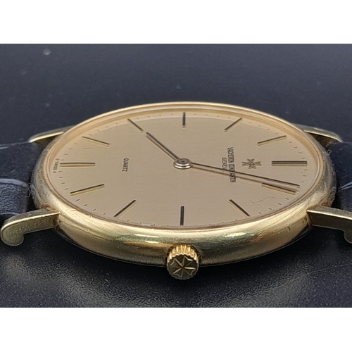 705 - A Vacheron Constantin 18K Gold Quartz Gents Watch. Black leather strap. 18k gold case - 30mm. Gold t... 