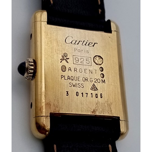 699 - A Must de Cartier Ladies Tank Watch. Black leather strap. 925 silver gilt case - 27 x 20mm. Black di... 