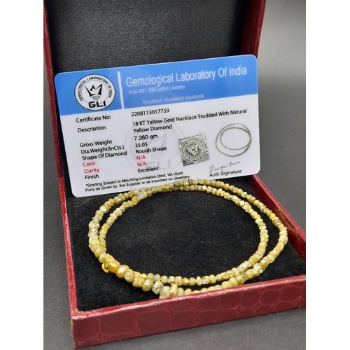 260 - A 36ct, 7.2 Grams Raw Yellow Diamond Necklace with 18k Yellow Gold Clasp, 16 inches. Comes with a ce... 