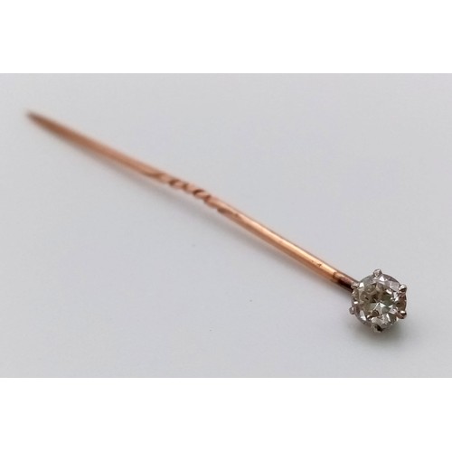 734 - A Victorian Diamond Stick Pin. A Glorious brilliant round cut diamond on yellow metal - 0.25ct. Come... 