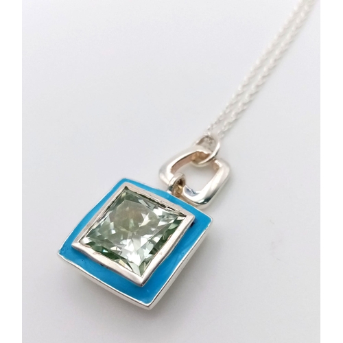 463 - 8ct Princess Cut Light Blue Moissanite Pendant in 925 Silver with Blue Enamel. 15mm and 44cm.