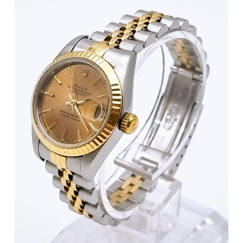 607 - A Rolex Oyster Perpetual Datejust Ladies Watch. Bi metal strap. Stainless steel and gold bezel case ... 