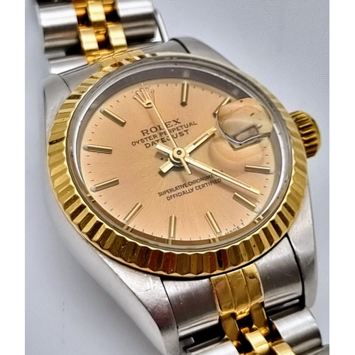 607 - A Rolex Oyster Perpetual Datejust Ladies Watch. Bi metal strap. Stainless steel and gold bezel case ... 