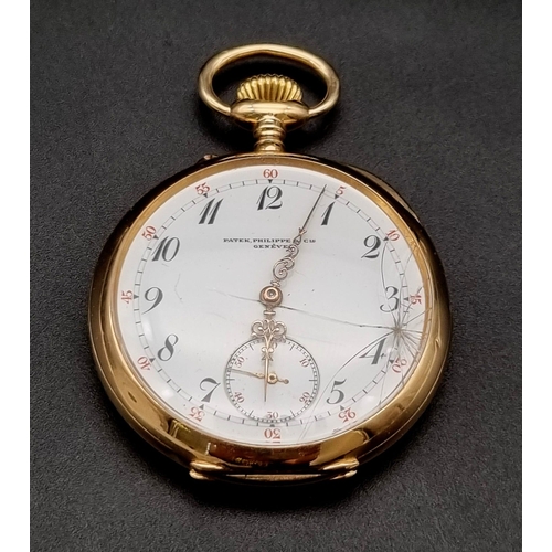 655 - A Vintage 14K Gold Patek Phillipe Pocket Watch. Top winder. White dial with sub second dial. 87g tot... 