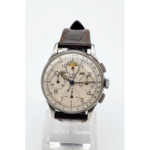 747 - A Vintage Universal Chronograph Gents Watch. Brown leather strap. Stainless steel case - 38. White d... 