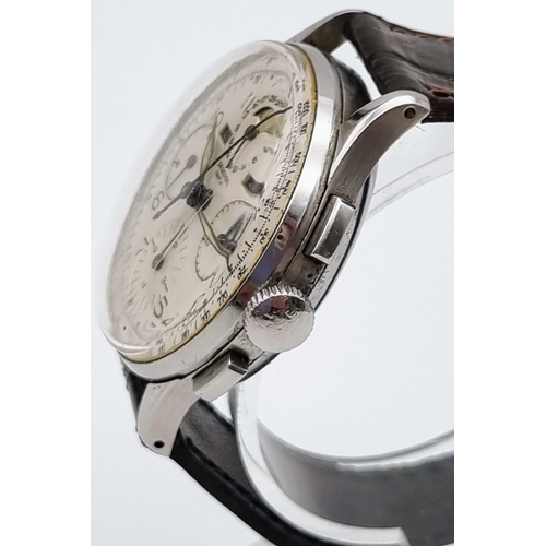 747 - A Vintage Universal Chronograph Gents Watch. Brown leather strap. Stainless steel case - 38. White d... 