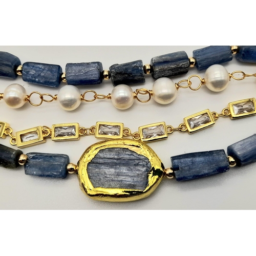 161 - A yellow metal (untested), very desirable, multi-banded bracelet with Kyanite, natural pearls and qu... 