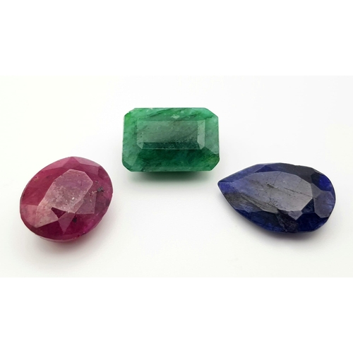 329 - Lot of 3 Gemstones - 12.70 Ct Mixed Cut Ruby, 9.40 Ct Mixed Cut Emerald, 6.75 Ct Mixed Cut Blue Sapp... 