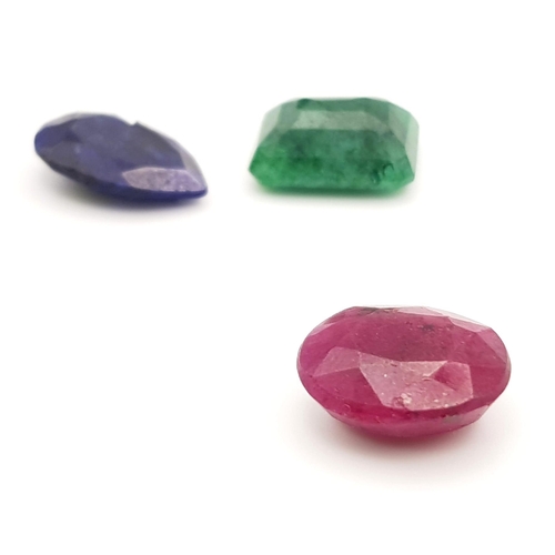 329 - Lot of 3 Gemstones - 12.70 Ct Mixed Cut Ruby, 9.40 Ct Mixed Cut Emerald, 6.75 Ct Mixed Cut Blue Sapp... 