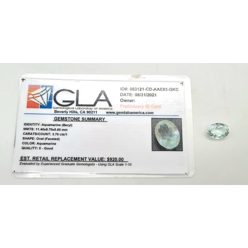 448 - A 3.70ct  Aquamarine (Beryl) Oval Cut. Comes with a certificate.