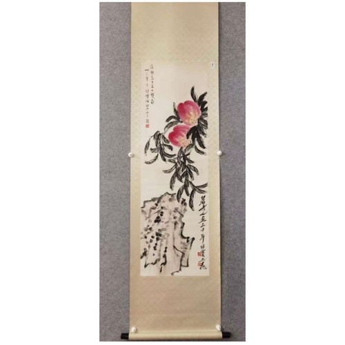 108 - A Chinese Ink and Watercolour on Paper Scroll. Longevity and good fortune come in a pair. Collaborat... 